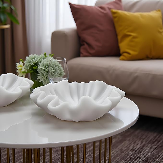 12" Large Handmade Decorative Bowl decor , Handicraft Scalloped Bowls for Modern Home Decor,Ruffle Decor,Key Bowl for Entry Table,Decorative Fruit Bowl for Kitchen Counter,Artificial Stone Milky White