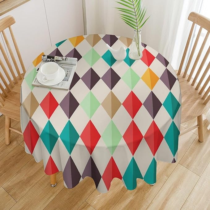 Abstract Geometric Round Tablecloth, Modern Mid Century Background Mid Century Colorful Print Pattern Tablecloth for Home Party Dining Room Kitchen Decor 36Inch(90cm)