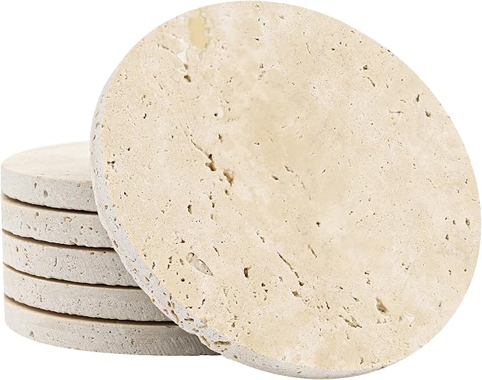 Italian Travertine Coasters Set of 6, Farmhouse Rustic Neutral Style Marble Drink Coasters for Coffee Table Decor, 4 Inch Round Porous Natural Stone Absorbent Coaster, Housewarming Gift
