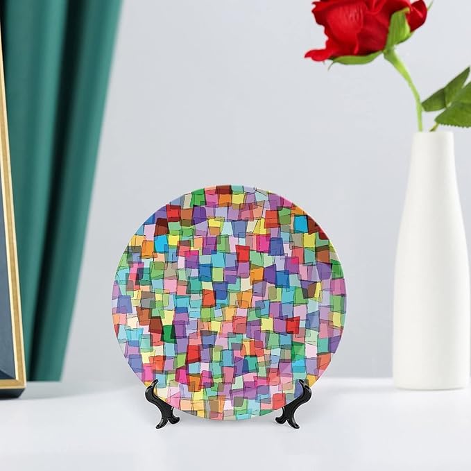 Decorative Plates, Abstract Print Ornament, Mosaic Tile Pattern Colorful Squares Cubes, 7 Inch, 1 Plate with 1 Display Stand, Multicolor