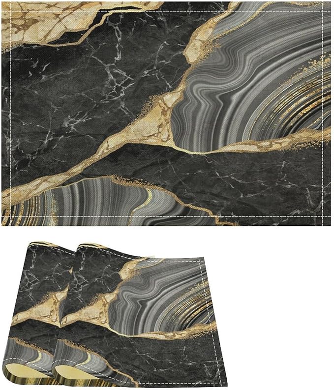 Marble Linen Placemats Set of 2, 12x17 Inch Modern Abstract Foil Stone Texture Black Gold Grey Marble Table Mats Washable Fabric Place for Party Kitchen Wedding Dining Banquets Decor