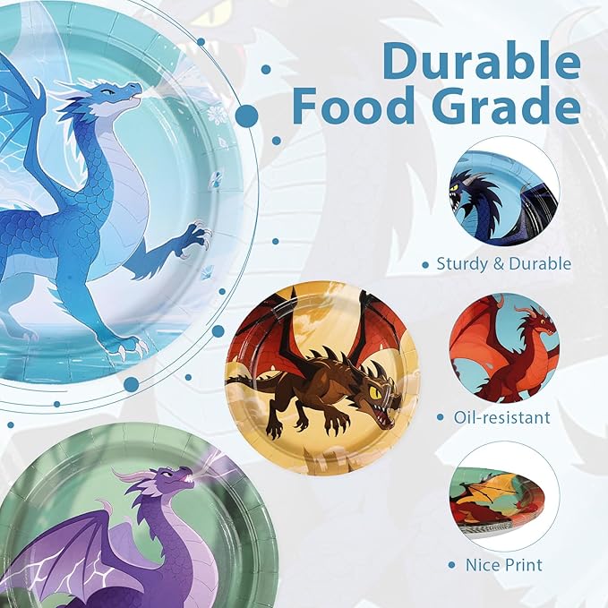 60Pcs Dragon Party Supplies 9” Fire Dragon Party Plates Disposable Dragons Theme Paper Plates Dessert Tableware Set for Kids Boys Fantasy Birthday Supplies Serves 24