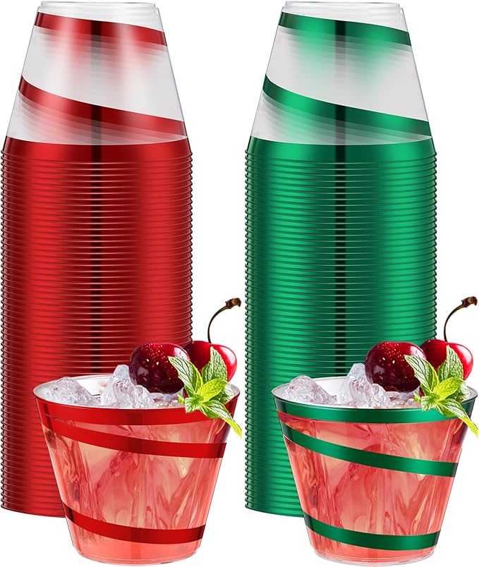 Gejoy 9 oz Rimmed Swirl Plastic Cups Disposable Wine Drinking Cups Clear Elegant Halloween Tumblers for Christmas Party Supplies(Red, Green,100 Pcs)