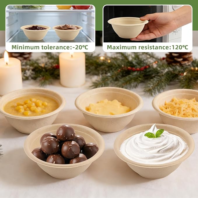 LeonBach 150 Pack 6oz Natural Bagasse Fiber Bowls, Small Disposable Paper Bowls Microwavable Safe Sample Snack Cups Charcuterie Serving Cups for Sauce Portion Condiment Ice Cream Desserts