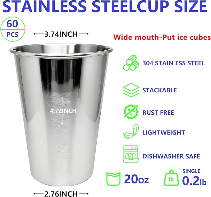 20oz 60PCS Stainless Steel Pint Cups, Reusable metal Cups, Drinking | Pint - Image 3