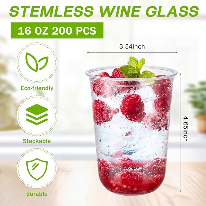 Ziliny 200 Pcs Disposable Stemless Glasses 16oz Crystal Plastic Wine Glasses - Image 3