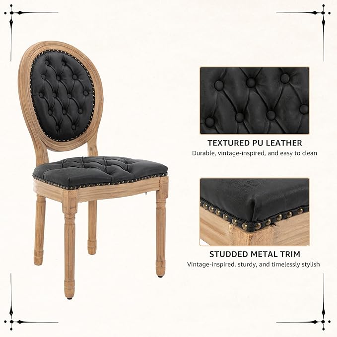 Vintage French Dining Chairs Set of 6, Round Back PU Leather Upholstered Side Chairs with Nailhead Trim and Solid Wood Frame, Sillas de Comedor for Dining Room & Kitchen, Black