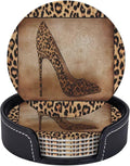 6 Pcs Leopard Print Brown Animal Texture High Heels Leather Coasters by Jfniub