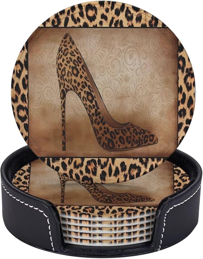 6 Pcs Leopard Print Brown Animal Texture High Heels Leather Coasters by Jfniub