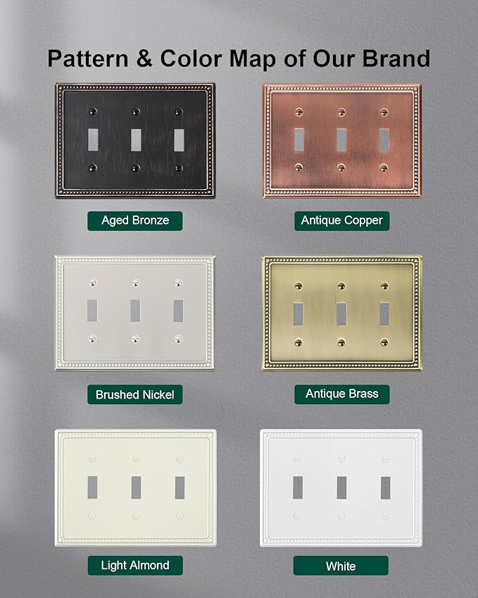 2-Pack Triple Toggle Light Switch Cover Plate, Pearls Decorative Switch Plate Covers, Light Almond 3 Gang Metal Wall Plate, Corrosion Resistant