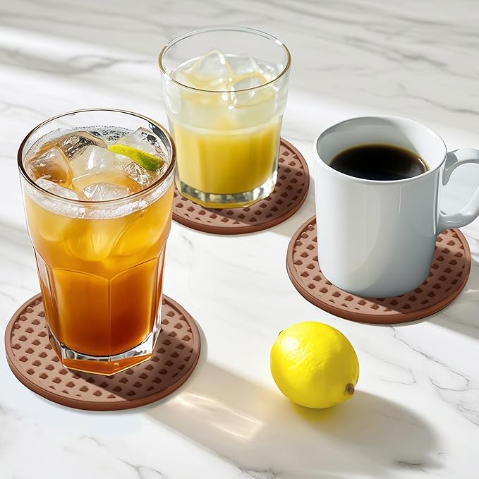 Coasters for Drinks, Silicone Coasters Set of 6 with Metal Holder, Outdoor Coaster for Coffee Table, Non-Slip Rubber Table Cup Mat Desk, Heat Resistant & Scratch-Proof (Tawny)