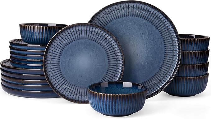 Famiware Starlight Plates and Bowls Dishes Set of 6 (18 Pieces), Ribbed Textured Stoneware Dinnerware Sets- Dishwasher & Microwave Safe, Chip & Scratch Resistant, Starry Blue