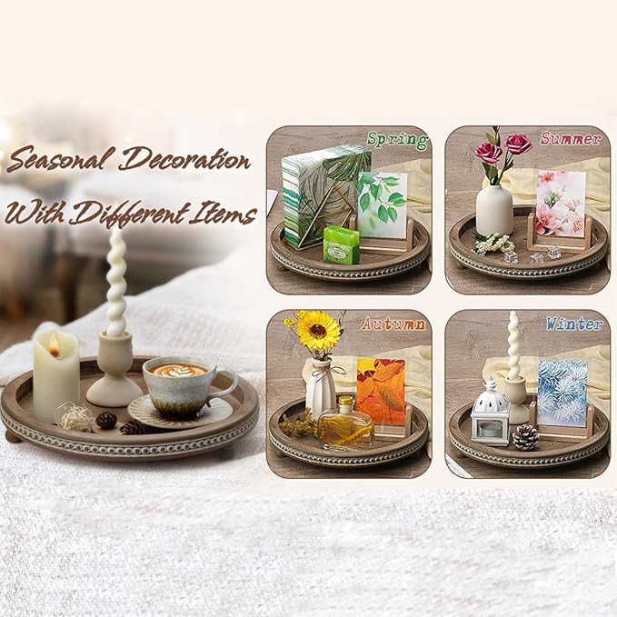 Handmade 12 Inch Decorative Tray, Small Beaded Tray Coffee Table Decor, Warm Brown Round Wooden Tray for Coffee Table, Dining Room Table Entryway and Living Room Table