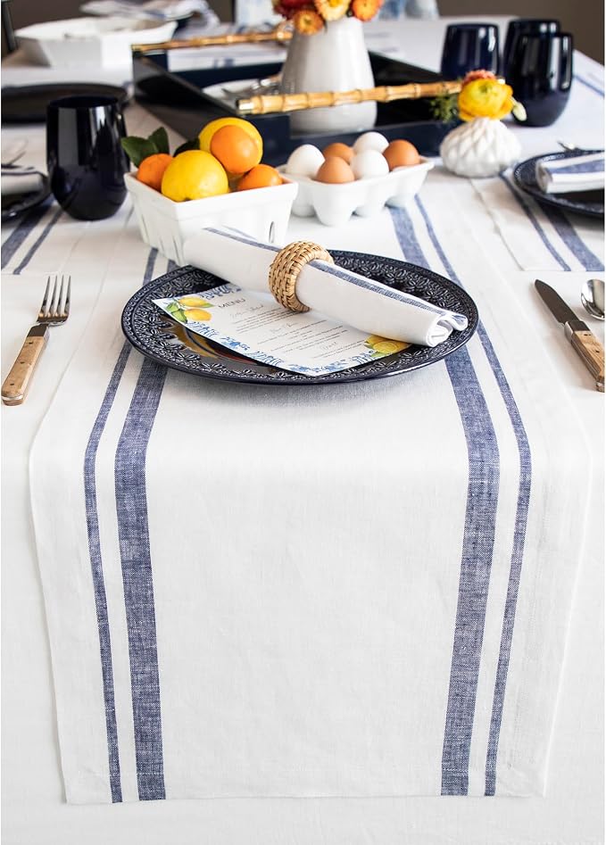 Solino Home 100% Pure Linen Table Runner, 14 x 144 in, French Stripe | Table by SolinoHome