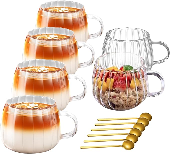 Viovian 12oz Clear Glass Coffee Mugs Set of 6 Ribbed Coffee Cups by Viovian