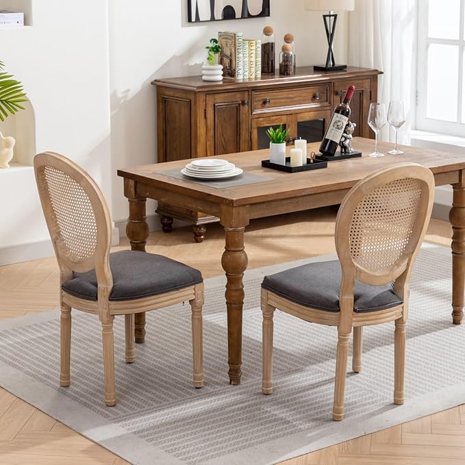 Vintage French Rattan Dining Chairs Set of 8, Solid Wood Frame with Round Rattan Back and Linen Upholstered Seat, Farmhouse Accent Sillas de Comedor Side Chairs for Dining Room & Kitchen, Gray