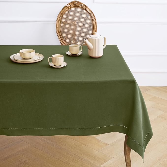 Solino Home Olive Linen Tablecloth 60 x 156 Inch - 100% Pure Linen Classic Hemstitch Table Cloth for Rectangle Tables - Machine Washable Tablecloth for Wedding, Parties, St Patricks Day
