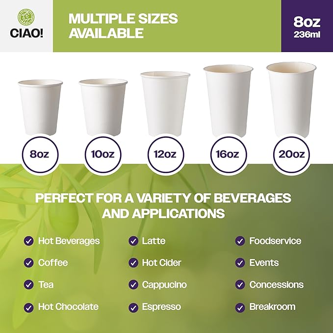 CIAO! 8oz White Paper Hot Cup, Disposable, 80mm Diameter 1,000 Count