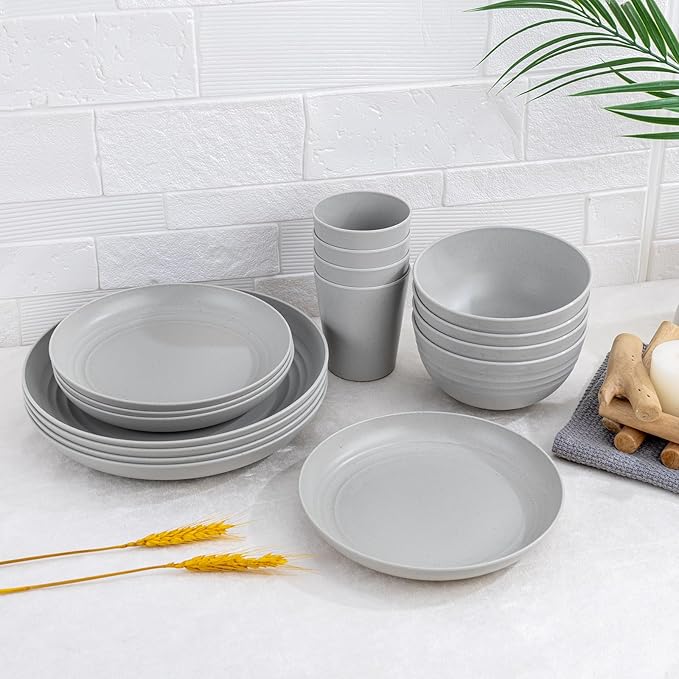 LIYH 16 Pcs Wheat Straw Dinnerware Sets Plastic Dinnerware Sets for 4 Plates and Bowls Set Reusable Tableware Grey Dish Set 8 Plates 4 Bowls 4 Cups Microwave Dishwasher