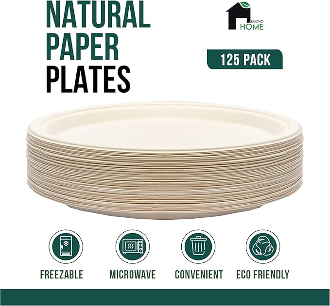 EconoHome 10 Inch Compostable Paper Plates - Eco-Conscious Disposable Plates Made of Bagasse or Sugarcane Fiber - Microwave, Refrigerator-Safe - Heavy Duty Paper Plates for Dinner - Case of 500