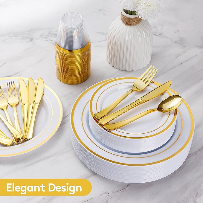 Goodluck 150 Pieces Gold Disposable Plates for 25 Guests, Plastic Party, Wedding, Dinnerware Set of Dinner Plates, Salad Spoons, Forks, Knives, Cups
