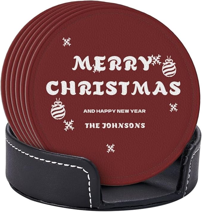 Customize PU Leather Coasters for Men, Red Custom Coasters with Last Name, Merry Christmas and Happy New Year Personalized Drink Coaster 6 PCS, Coaster Set with Holder, Gift for Christmas