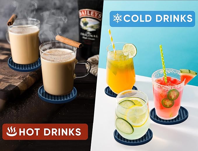 Coasters for Drinks 6 Pack Drinking Coasters with Holder,Heat Resistant Silicone Cup Mat Tabletop Protection,Non-Slip Rubber Coaster for Kinds of Cups (Blue)