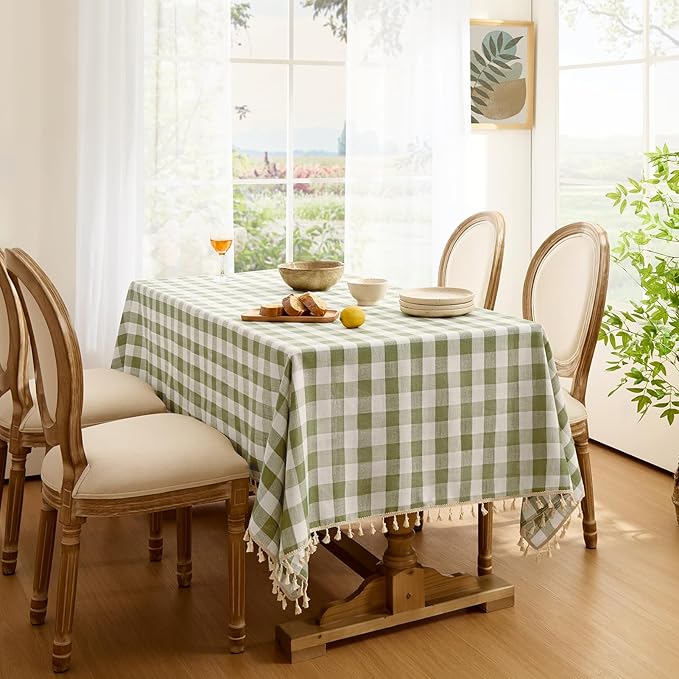 Softalker Spring Checkered Tablecloth Rectangle, Outdoor Linen Cotton Gingham Table Cloth with Tassel, Heavy Duty Wrinkle Free Buffalo Plaid Table Cover for Easter Dining Home - 55 x 70 Inch, Sage