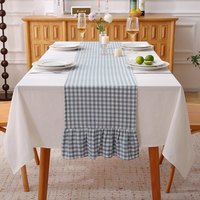 Dust Blue White Plaid Gingham Ruffle Table Runner 90 inches Long 100% Washed by KMASANIJI