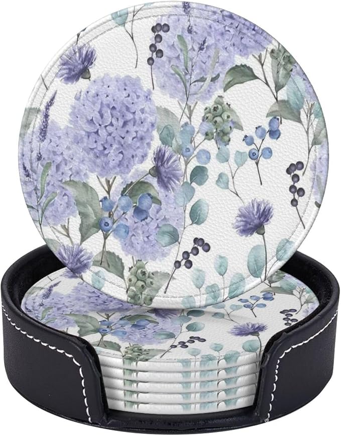 6 Pcs Blue Purple Hydrangea Flower Leather Coasters by Jfniub