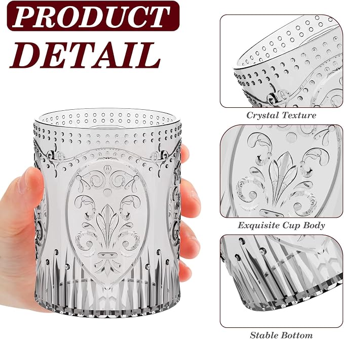 Qinyoung 12 Plastic Vintage Drinking Glasses 8.5oz Stemless Retro Embossed Wine - Image 2