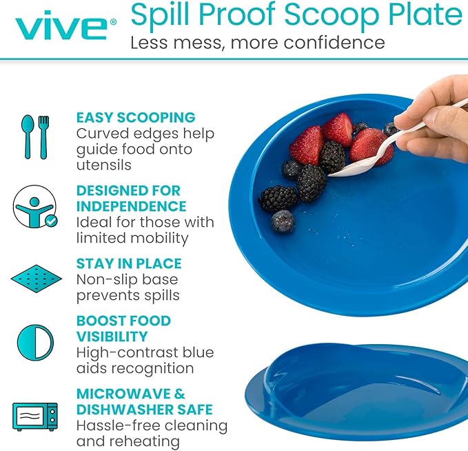 Vive Spill-Proof Scoop Plate, 9" (6 Pack) - Dish with Wall for Disabled, Handicapped, Elderly Adults with Special Needs from Parkinsons, Dementia, Stroke, Tremors with - Non Skid Padded Bottom