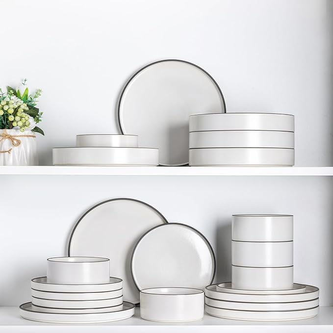 LERATIO Ceramic Dinnerware Sets for 6, High Edge Stoneware Plates and Bowls Set, Chip and Crack Resistant | Oven & Dishwasher & Microwave Safe Dishes Set, Service for 6 -Creamly White
