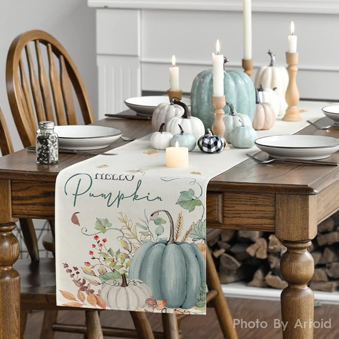 Artoid Mode 210 GSM Fall Table Runner 13x90 Inch Home Party Decor | Aqua Hello - Image 3