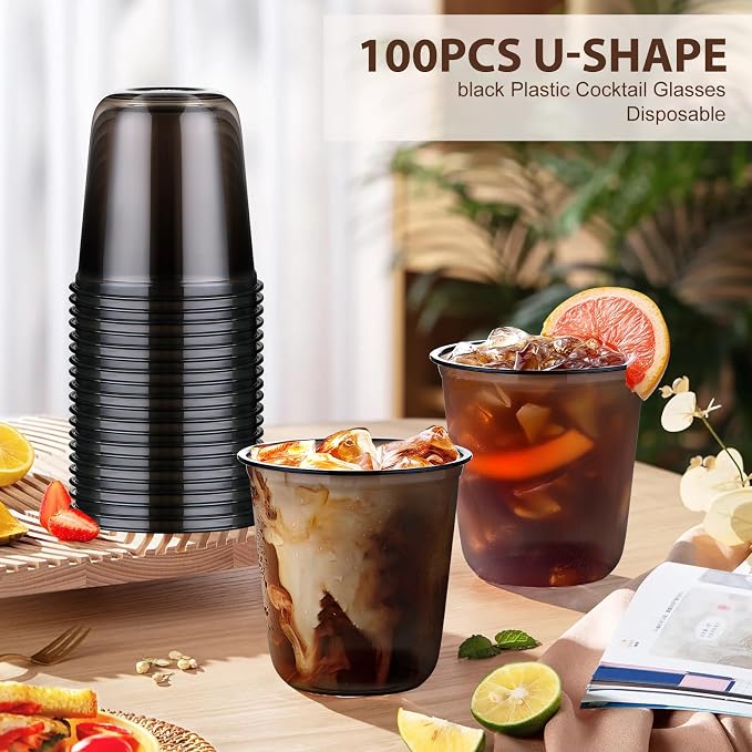 KesaPlan 100 Pcs 12oz Plastic Black Cups, Disposable Wine Cocktail Glasses | - Image 2