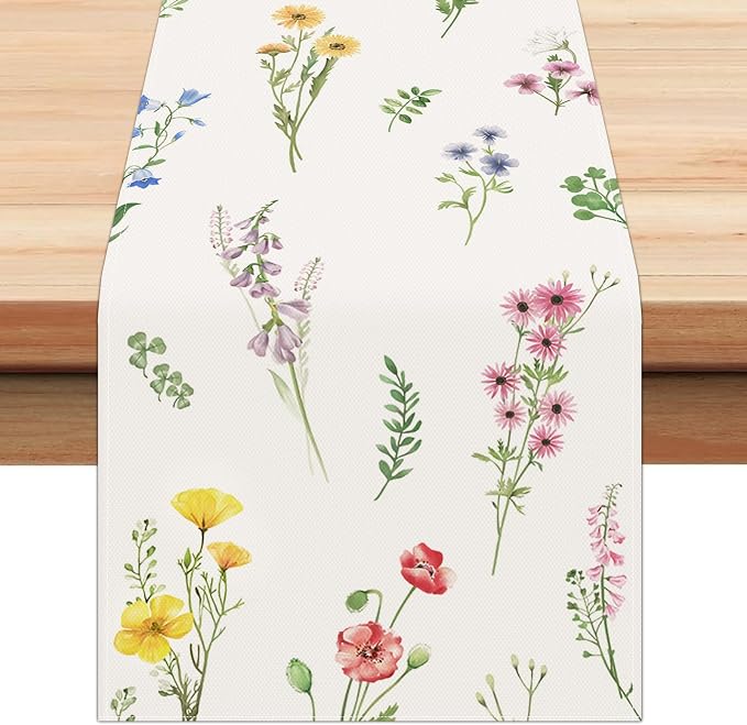 Bonhause Spring Floral Table Runner 13x72 Inch Purple Pink Wildflower Leaves by Bonhause
