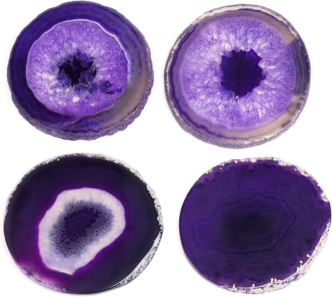 Agate Coaster Set of 4, 3.5-4" Natural Geode Stone Coasters for Drinks Coffee Table Decor Agate Slices Glass Cups Holder for Home Guest Room Housewarming Birthday Gift (Purple)