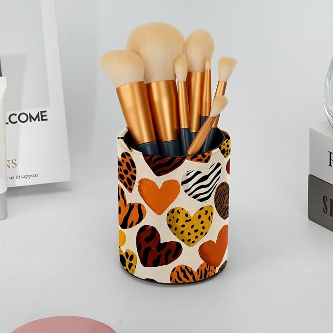 Leather Pen Holder for Desk, Leopard Heart Pencil Cup Pen Organizer Makeup - Image 6