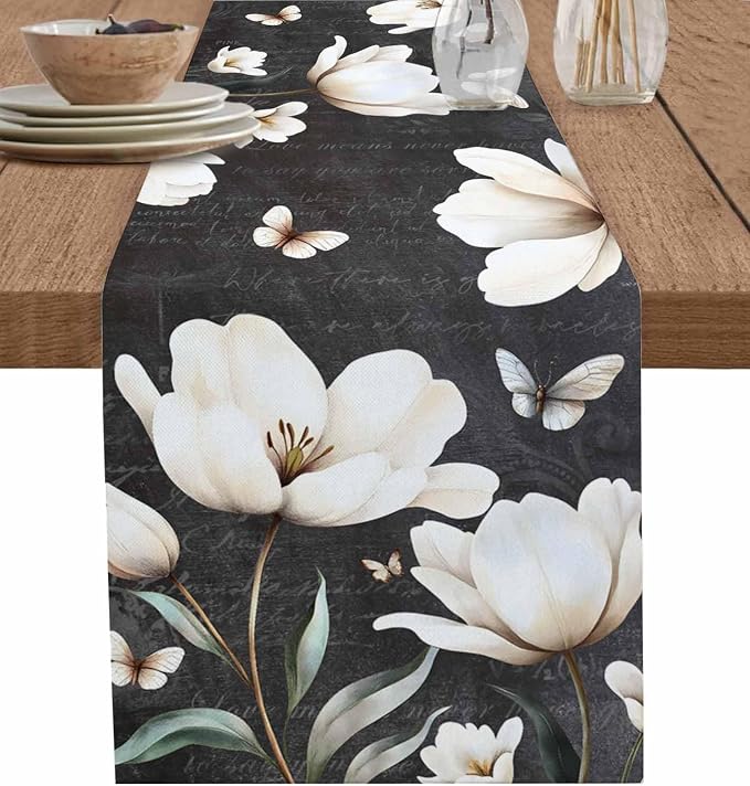Farmhouse Floral Table Runners 108 Inches Long, Cotton Linen Fabric Table by Edwiinsa