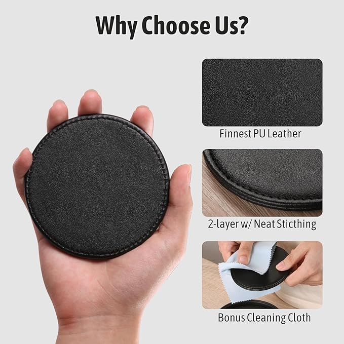 Drink Coasters with Holder, 4" Leather Coasters for Drinks Set of 6 for Tabletop Protection, Elegant Home Decor & Handmade Housewarming Gift - Black