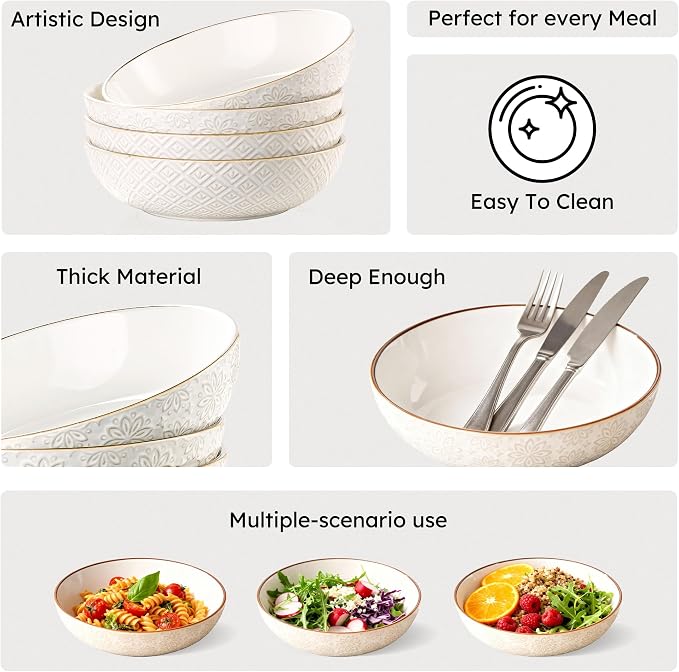 36 oz Pasta Bowl Set of 4 with Embossed Reactive Glaze, 8.5" Arctic white - Image 5