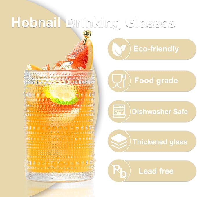 Vintage Hobnail Drinking Glasses Set of 8, 15oz & 12oz Embossed Highball Cups - Image 4
