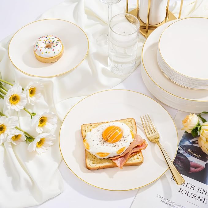 Nervure 100Pcs Ivory and Gold Plastic Plates - 7.5inch Disposable Ivory Dessert/Salad Plates - Heavy Duty Plastic Plate Ideal for Wedding & Party