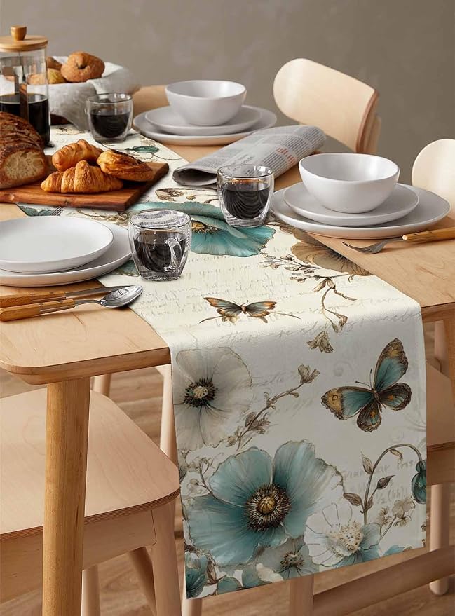 Turquoise Tulip Table Runners 70 Inches Long, Spring Vintage Botanical Table - Image 3