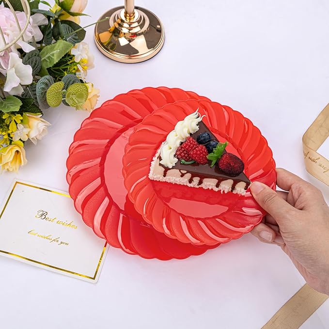 U-QE 100Pcs Red Plastic Plates - Red Scalloped Plastic Plates for Party - Heavy Duty Plate Disposable Include 50 6 '' Dessert Plate, 50 9 '' Dinner Plate Suite for All Occasions