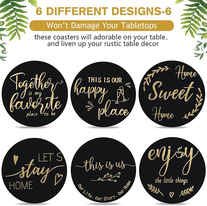 Queekay Coasters Set of 6 House Warming Gifts New Home Wooden Farmhouse Drink - Image 4
