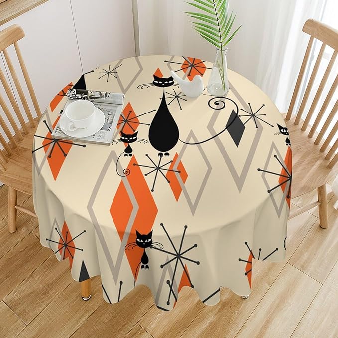 Retro Boho Modern Black Cat Round Tablecloth, Mid Century Boho Moon Abstract Geometric Leaf 50s 60s Style Tablecloth for Home Party Dining Room Kitchen Decor 60Inch(152cm)