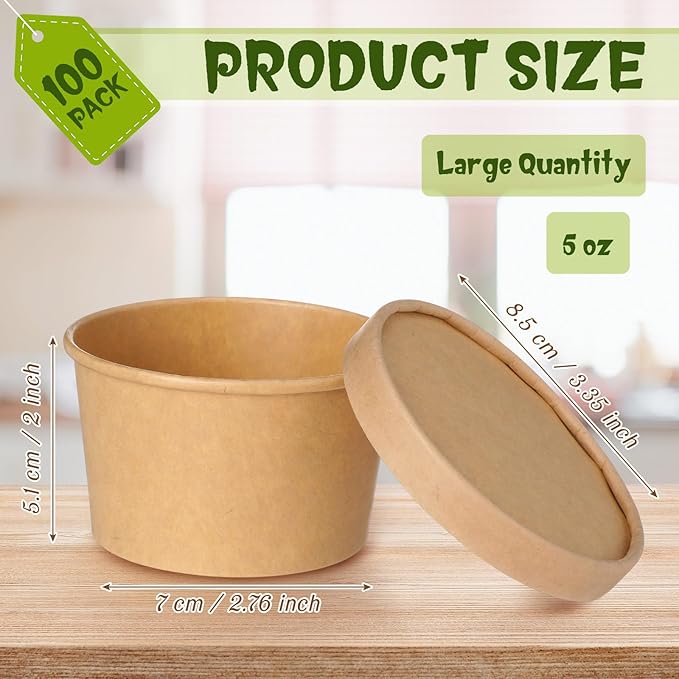 Fulmoon 100 Pack Paper Soup Containers with Lids Disposable Paper Food Containers with Vented Lid Kraft Ice Cream Cake Dessert Cups Soup Bowl for Party Hot Food Fruit Microwave(5 oz,Brown)