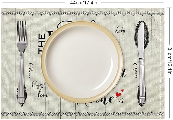 Retro Farmhouse Placemat Set, Minimal Black White Rustic Plank Art Sketch Cutlery Knife Fork Inspirational Quotes Pattern Home Decor Linen Table Mats for Dining Room Kitchen Party (17x12in) x2P