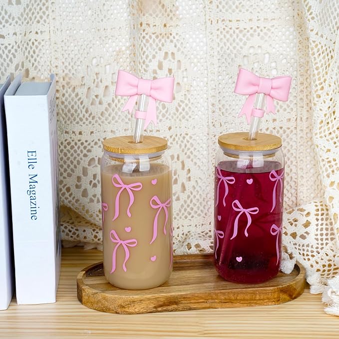 Mason Life Coquette Pink Glass Cups 18OZ Cute Bow Tumbler Glass Cup with Keychain and Straw Cover Valentines Day Galentines Gift for Iced Coffee Smoothie Cocktail Matcha Teen Girls Preppy Stuff